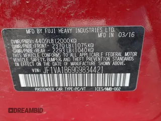 2016 Subaru WRX with VIN JF1VA1B69G9834421, listed as a IAAI auction lot 41811921 with 57,964 mi miles. Bid and sale history available at carsss.com. Image 9.