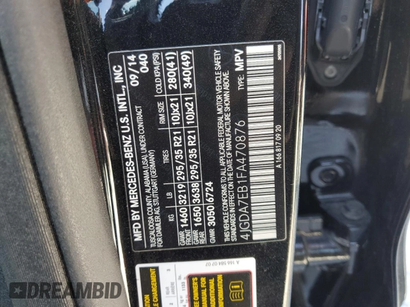 2015 Mercedes-Benz M 63 AMG with VIN 4JGDA7EB1FA470876, listed as a Copart auction lot 77074354 with Not Provided miles and Salvage Title. Bid and sale history available at carsss.com. Image 14.