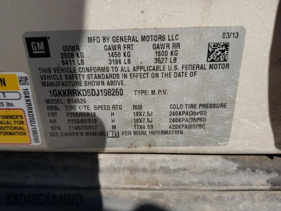 2013 GMC Acadia SLT z VIN 1GKKRRKD5DJ198260, wystawiony jako Copart lot #52560975 z przebiegiem 173 499 mil mil oraz Szkoda całkowita • Salvage title. Historia ofert i sprzedaży dostępna na DreamBid. Obrazek 13.