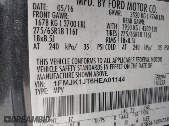 2017 Ford Expedition Max XLT with VIN 1FMJK1JT6HEA01144, listed as a IAAI auction lot 40183531 with 137,417 mi miles and . Bid and sale history available at DreamBid. Image 9.