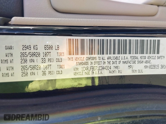 2018 Jeep Grand Cherokee Limited with VIN 1C4RJFBG7JC344314, listed as a IAAI auction lot 41737144 with 108,839 mi miles and . Bid and sale history available at DreamBid. Image 9.