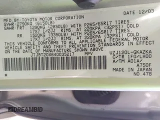 2004 Lexus GX 470 with VIN JTJBT20X640035217, listed as a IAAI auction lot 42156303 with 310,711 mi miles and . Bid and sale history available at DreamBid. Image 9.