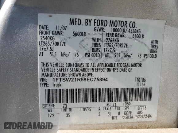 2008 Ford F-250 XL z VIN 1FTSW21R58EC75894, wystawiony jako Copart lot #61160975 z przebiegiem 189 193 mil mil oraz Szkoda całkowita • Salvage title. Historia ofert i sprzedaży dostępna na DreamBid. Obrazek 12.
