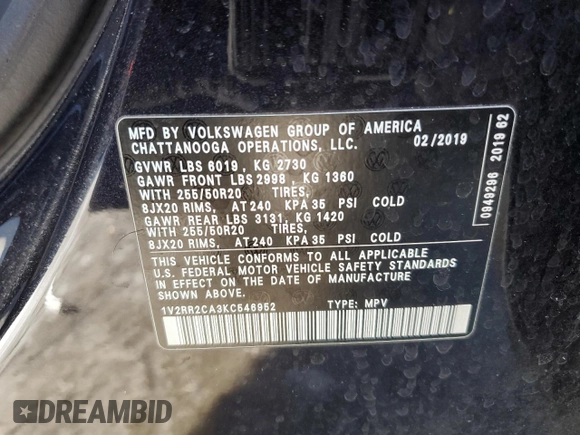 2019 Volkswagen Atlas SEL R-Line with VIN 1V2RR2CA3KC546952, listed as a Copart auction lot 46692645 with 64,416 mi miles and Salvage title. Bid and sale history available at DreamBid. Image 14.
