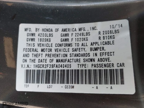 2015 Honda Accord Sedan LX with VIN 1HGCR2F39FA040405, listed as a IAAI auction lot 41884020 with 125,589 mi miles. Bid and sale history available at carsss.com. Image 9.
