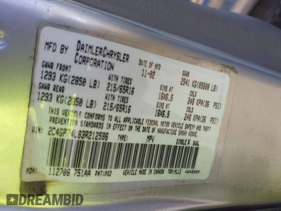 2003 Chrysler Town & Country EX with VIN 2C4GP74L83R212596, listed as a IAAI auction lot 41335410 with Not Provided miles and . Bid and sale history available at carsss.com. Image 9.