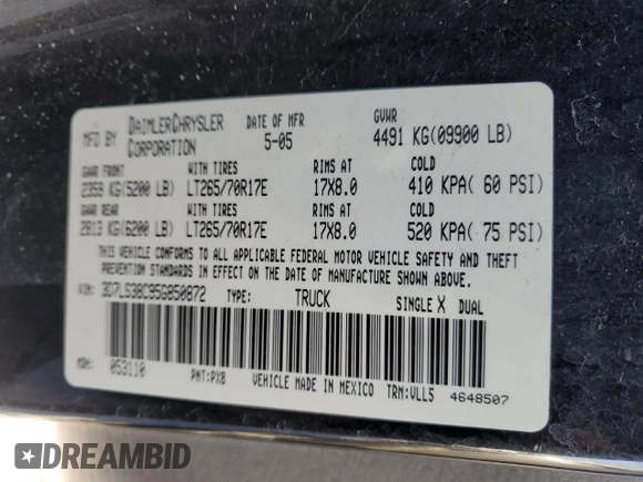 2005 Dodge 3500 SLT with VIN 3D7LS38C95G850872, listed as a Copart auction lot 88531355 with 119,439 mi miles and Salvage title. Bid and sale history available at DreamBid. Image 12.
