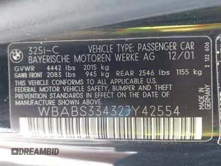 2002 BMW 3 Series 325Ci with VIN WBABS33432JY42554, listed as a IAAI auction lot 41701386 with 115,294 mi miles and . Bid and sale history available at DreamBid. Image 9.