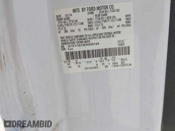 2014 Ford F-150 XL z VIN 1FTFX1EF5EKE66124, wystawiony jako IAAI lot #42256807 z przebiegiem 211 614 mil mil oraz . Historia ofert i sprzedaży dostępna na DreamBid. Obrazek 9.