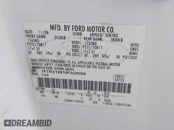 2009 Ford F-150 STX with VIN 1FTRX12819FA25009, listed as a IAAI auction lot 41468579 with 161,763 mi miles. Bid and sale history available at carsss.com. Image 9.