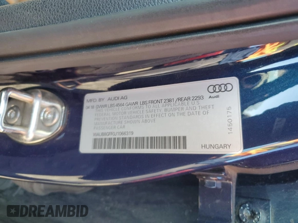 2018 Audi A3 Sedan Premium with VIN WAUB8GFF0J1066319, listed as a Copart auction lot 67491053 with 43,966 mi miles. Bid and sale history available at carsss.com. Image 12.