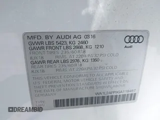 2016 Audi Q5 Premium Plus with VIN WA1L2AFP9GA118497, listed as a IAAI auction lot 42504138 with 155,419 mi miles and . Bid and sale history available at DreamBid. Image 9.