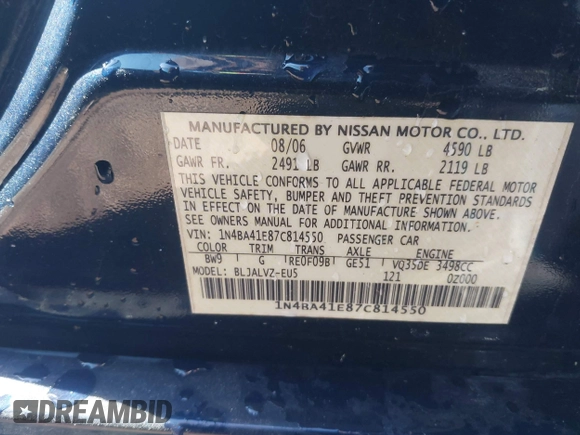 2007 Nissan Maxima 3.5 SE with VIN 1N4BA41E87C814550, listed as a IAAI auction lot 41753211 with 171,740 mi miles. Bid and sale history available at carsss.com. Image 8.