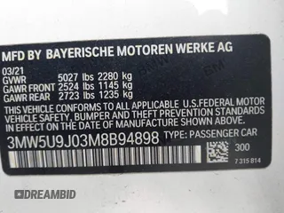 2021 BMW 3 Series M340i xDrive with VIN 3MW5U9J03M8B94898, listed as a IAAI auction lot 41611425 with 38,614 mi miles. Bid and sale history available at carsss.com. Image 9.