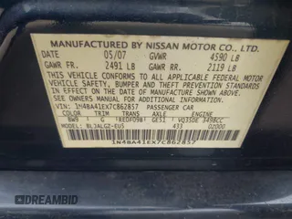2007 Nissan Maxima SL with VIN 1N4BA41EX7C862857, listed as a IAAI auction lot 42036719 with 186,047 mi miles and . Bid and sale history available at DreamBid. Image 9.