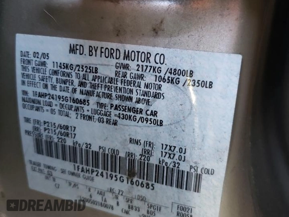 2005 Ford Five Hundred SEL with VIN 1FAHP24195G160685, listed as a Copart auction lot 61601335 with Not provided miles and Salvage title. Bid and sale history available at DreamBid. Image 12.
