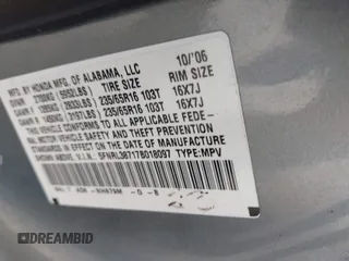 2007 Honda Odyssey EX-L with VIN 5FNRL38717B018097, listed as a IAAI auction lot 42028592 with 141,004 mi miles and . Bid and sale history available at DreamBid. Image 9.