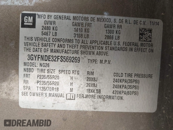 2015 Cadillac SRX Premium Collection with VIN 3GYFNDE32FS569269, listed as a IAAI auction lot 41988807 with 56,481 mi miles. Bid and sale history available at carsss.com. Image 9.