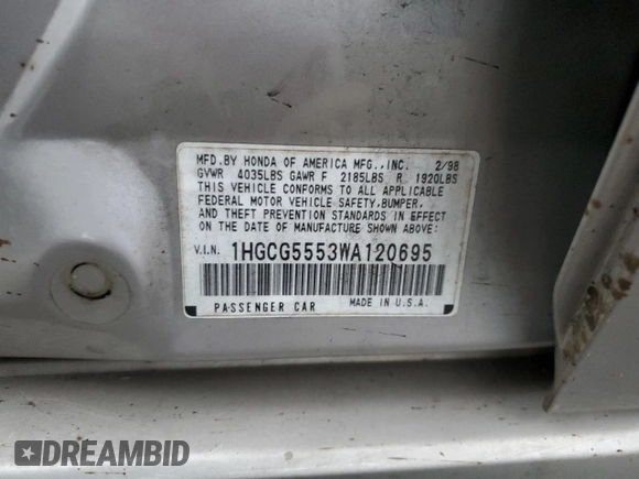 1998 Honda Accord EX with VIN 1HGCG5553WA120695, listed as a Copart auction lot 88338535 with 202,771 mi miles and Salvage title. Bid and sale history available at DreamBid. Image 14.