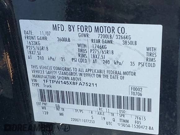 2008 Ford F-150 XLT z VIN 1FTPW145X8FA75211, wystawiony jako IAAI lot #41688354 z przebiegiem Nie podano mil oraz . Historia ofert i sprzedaży dostępna na DreamBid. Obrazek 9.