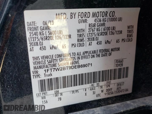 2013 Ford F-250 XL with VIN 1FT7W2BT9DEB69071, listed as a Copart auction lot 62896665 with 119,048 mi miles and Salvage title. Bid and sale history available at DreamBid. Image 12.