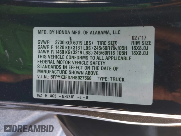 2017 Honda Ridgeline Black Edition with VIN 5FPYK3F87HB027566, listed as a IAAI auction lot 42337344 with 129,928 mi miles and . Bid and sale history available at DreamBid. Image 9.