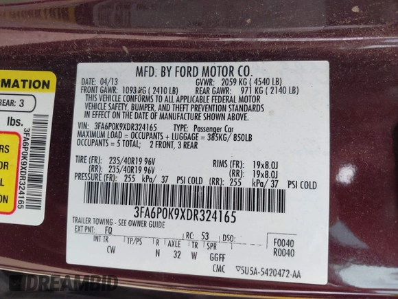 2013 Ford Fusion Titanium with VIN 3FA6P0K9XDR324165, listed as a IAAI auction lot 42068565 with 147,330 mi miles and . Bid and sale history available at DreamBid. Image 9.