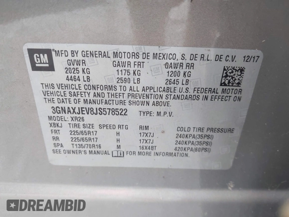 2018 Chevrolet Equinox LT with VIN 3GNAXJEV8JS578522, listed as a IAAI auction lot 41915870 with 48,967 mi miles and . Bid and sale history available at DreamBid. Image 9.