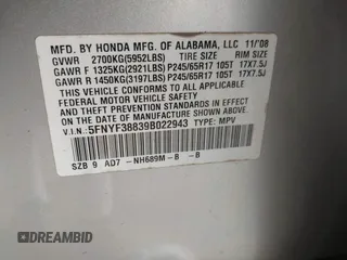 2009 Honda Pilot Touring z VIN 5FNYF38839B022943, wystawiony jako IAAI lot #42443006 z przebiegiem 199 184 mil mil oraz . Historia ofert i sprzedaży dostępna na DreamBid. Obrazek 9.