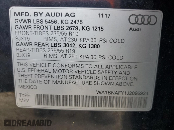 2018 Audi Q5 Premium Plus with VIN WA1BNAFY1J2086934, listed as a Copart auction lot 36652763 with 93,787 mi miles. Bid and sale history available at carsss.com. Image 15.