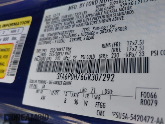 2016 Ford Fusion SE with VIN 3FA6P0H76GR307292, listed as a IAAI auction lot 42146315 with 157,361 mi miles and . Bid and sale history available at carsss.com. Image 9.