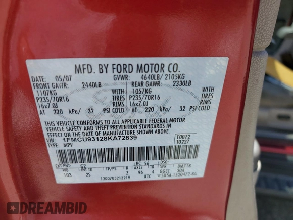 2008 Ford Escape XLT with VIN 1FMCU93128KA72839, listed as a Copart auction lot 63145615 with 202,711 mi miles and Clean title. Bid and sale history available at DreamBid. Image 13.