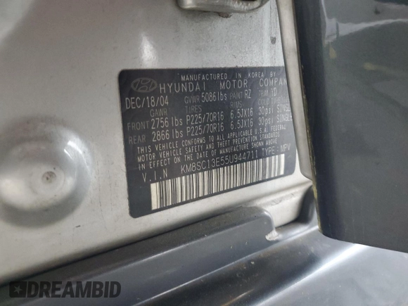 2005 Hyundai Santa Fe GLS with VIN KM8SC13E55U944711, listed as a Copart auction lot 47518465 with 174,792 mi miles and Salvage Title. Bid and sale history available at carsss.com. Image 13.