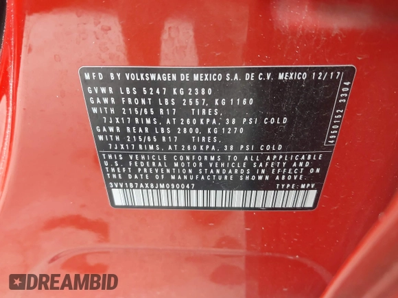 2018 Volkswagen Tiguan S с VIN 3VV1B7AX8JM090047, выставлен на аукционе IAAI как лот 42184116 с пробегом 121 085 миль миль и . История ставок и продаж доступна на DreamBid. Изображение 9.
