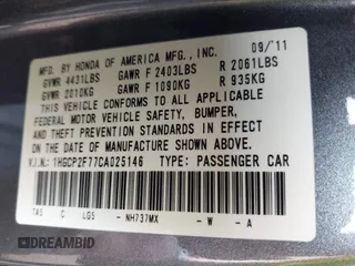 2012 Honda Accord EX with VIN 1HGCP2F77CA025146, listed as a IAAI auction lot 42471998 with 124,908 mi miles and . Bid and sale history available at DreamBid. Image 9.
