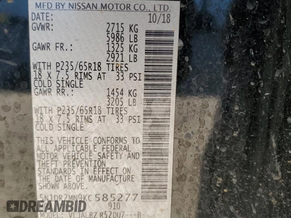 2019 Nissan Pathfinder SL with VIN 5N1DR2MN9KC585277, listed as a Copart auction lot 46612085 with 142,152 mi miles and Salvage title. Bid and sale history available at DreamBid. Image 14.