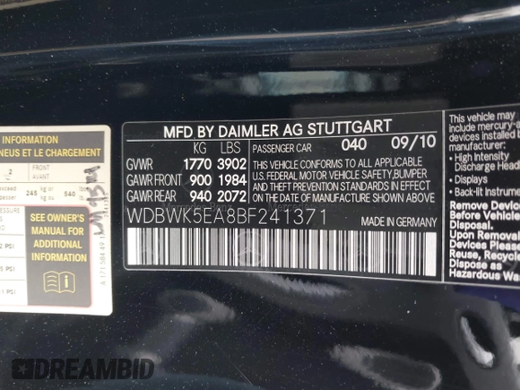 2011 Mercedes-Benz SLK 300 with VIN WDBWK5EA8BF241371, listed as a IAAI auction lot 42047271 with 100,206 mi miles and . Bid and sale history available at DreamBid. Image 9.