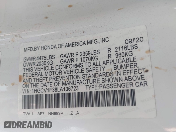 2020 Honda Accord Sport with VIN 1HGCV1F38LA136723, listed as a IAAI auction lot 41853774 with 202,377 mi miles and . Bid and sale history available at DreamBid. Image 9.