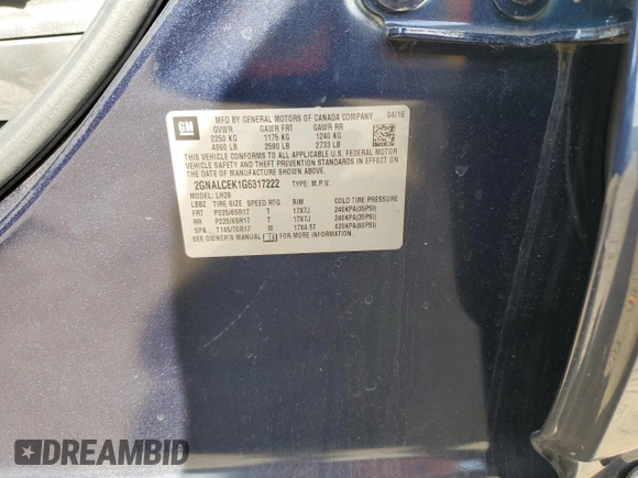 2016 Chevrolet Equinox LT z VIN 2GNALCEK1G6317222, wystawiony jako Copart lot #56852755 z przebiegiem 61 126 mil mil oraz Szkoda całkowita • Salvage title. Historia ofert i sprzedaży dostępna na DreamBid. Obrazek 13.