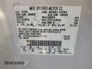 2005 Ford F-150 XLT with VIN 1FTRF04585KC12331, listed as a Copart auction lot 44204765 with 168,830 mi miles and Non Repairable. Bid and sale history available at carsss.com. Image 13.