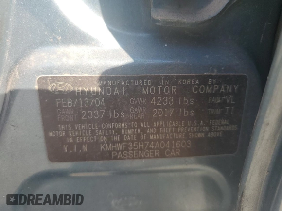 2004 Hyundai Sonata GLS with VIN KMHWF35H74A041603, listed as a Copart auction lot 76204444 with 164,606 mi miles and Clean Title. Bid and sale history available at carsss.com. Image 12.