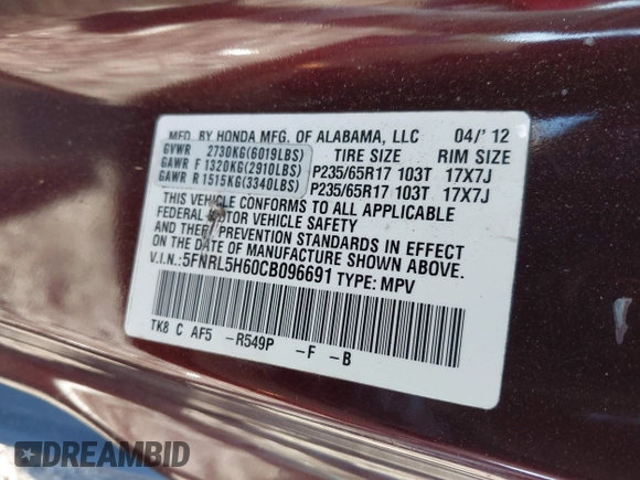 2012 Honda Odyssey EX-L with VIN 5FNRL5H60CB096691, listed as a IAAI auction lot 41824395 with 93,047 mi miles and . Bid and sale history available at DreamBid. Image 9.