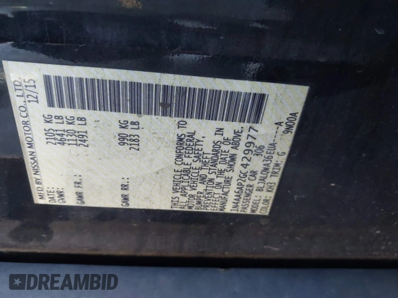 2016 Nissan Maxima SR with VIN 1N4AA6AP2GC429977, listed as a IAAI auction lot 38529802 with 194,511 mi miles and . Bid and sale history available at DreamBid. Image 9.