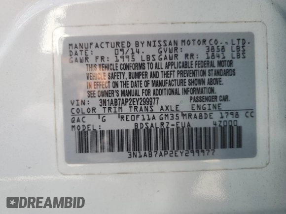 2014 Nissan Sentra SR with VIN 3N1AB7AP2EY299977, listed as a Copart auction lot 52325905 with 139,166 mi miles and Clean Title. Bid and sale history available at DreamBid. Image 15.