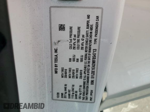 2021 Tesla Model 3 Standard Range Plus with VIN 5YJ3E1EA2MF854713, listed as a Copart auction lot 53783535 with 84,585 mi miles and Non Repairable. Bid and sale history available at DreamBid. Image 13.