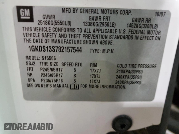 2008 GMC Envoy SLE1 with VIN 1GKDS13S782157544, listed as a Copart auction lot 82296844 with 162,238 mi miles and Clean Title. Bid and sale history available at DreamBid. Image 13.