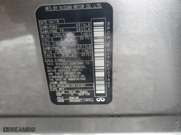 2019 Infiniti QX50 ESSENTIAL with VIN 3PCAJ5M17KF107407, listed as a Copart auction lot 49098815 with 116,310 mi miles and Salvage Title. Bid and sale history available at carsss.com. Image 13.
