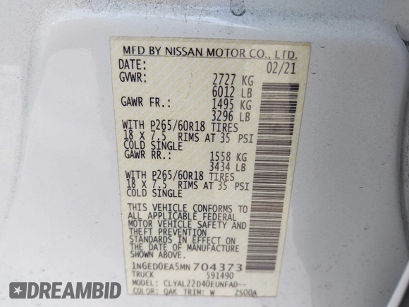 2021 Nissan Frontier SV с VIN 1N6ED0EA5MN704373, выставлен на аукционе IAAI как лот 42774473 с пробегом 133 915 миль миль и . История ставок и продаж доступна на DreamBid. Изображение 9.