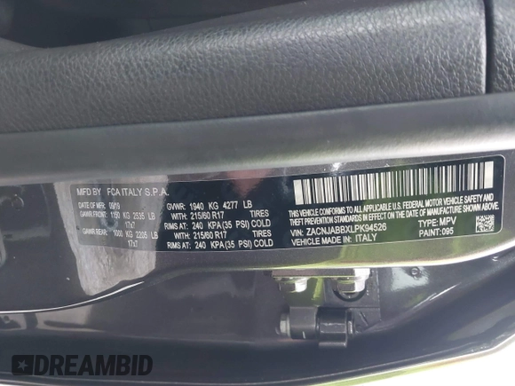 2020 Jeep Renegade Latitude with VIN ZACNJABBXLPK94526, listed as a IAAI auction lot 41500649 with 60,077 mi miles and . Bid and sale history available at DreamBid. Image 9.