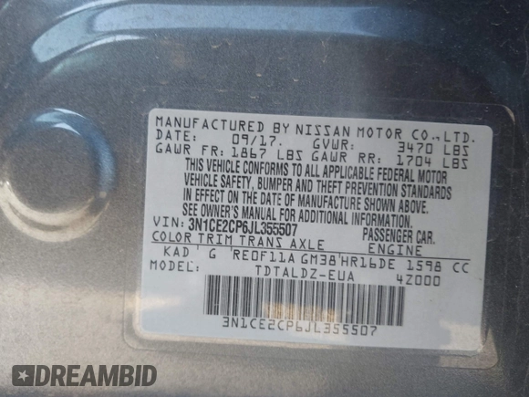 2018 Nissan Note SV with VIN 3N1CE2CP6JL355507, listed as a IAAI auction lot 41750082 with 52,798 mi miles and . Bid and sale history available at DreamBid. Image 9.
